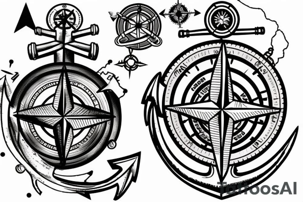anchor and a compass with ship and map around it which also includes a lighthouse tattoo idea