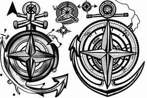 anchor and a compass with ship and map around it which also includes a lighthouse tattoo idea
