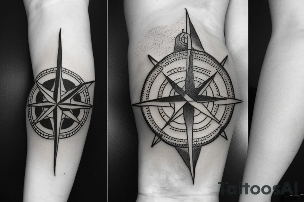 anchor and a compass with ship and map around it which also includes a lighthouse tattoo idea