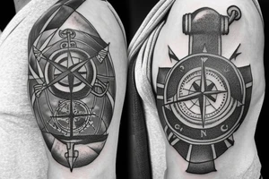 anchor and a compass with ship and map around it which also includes a lighthouse tattoo idea
