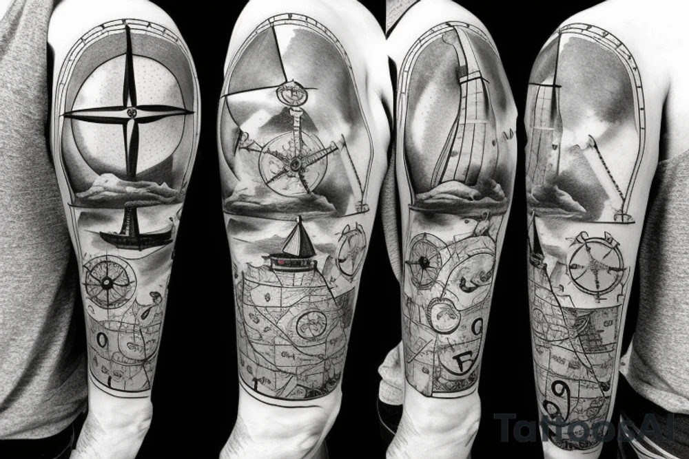 anchor and a compass with ship and map around it which also includes a lighthouse tattoo idea
