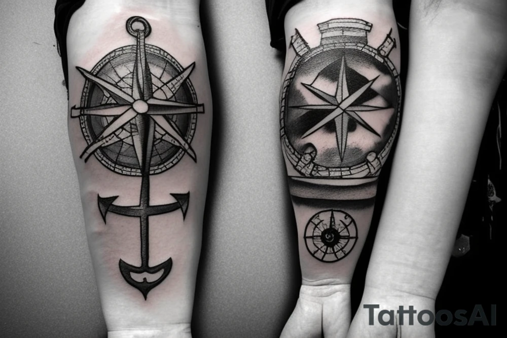anchor and a compass with ship and map around it which also includes a lighthouse tattoo idea