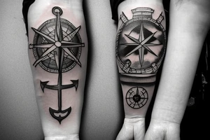 anchor and a compass with ship and map around it which also includes a lighthouse tattoo idea