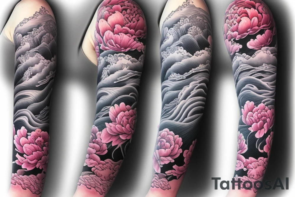 full sleeve river wave with peony tattoo idea