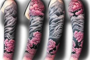 full sleeve river wave with peony tattoo idea