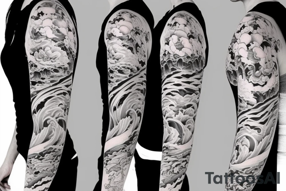 full sleeve river wave with peony tattoo idea
