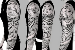 full sleeve river wave with peony tattoo idea
