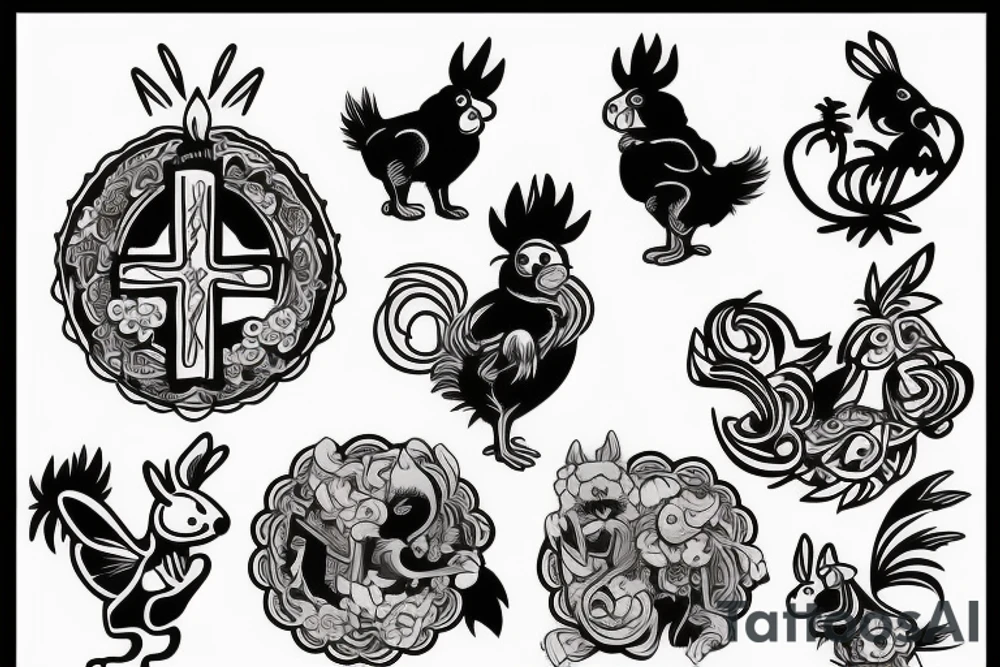 A Cross with a dog, a rabbit, a monkey, and a rooster. 4K tattoo idea