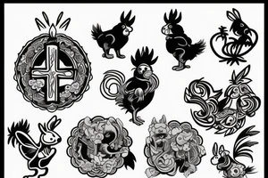 A Cross with a dog, a rabbit, a monkey, and a rooster. 4K tattoo idea