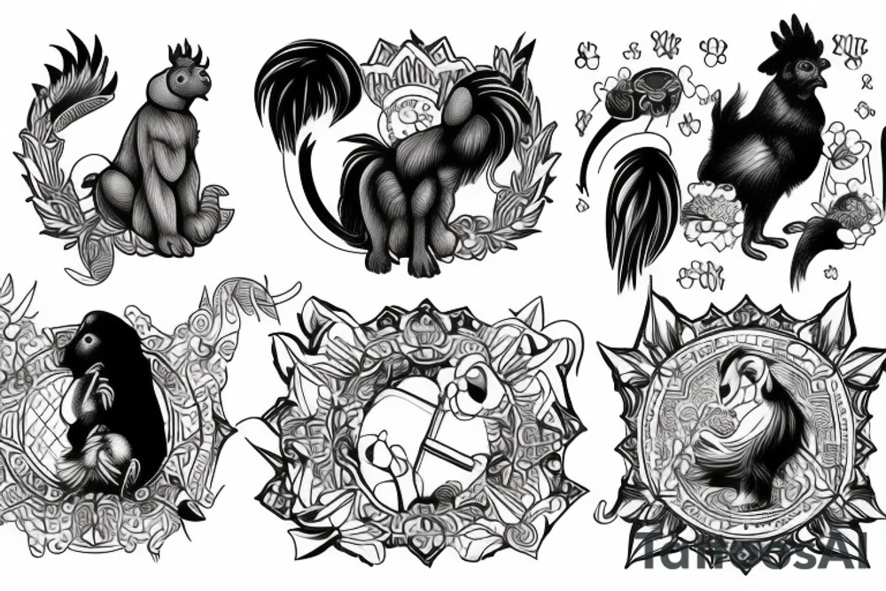 A Cross with a dog, a rabbit, a monkey, and a rooster. 4K tattoo idea