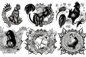 A Cross with a dog, a rabbit, a monkey, and a rooster. 4K tattoo idea