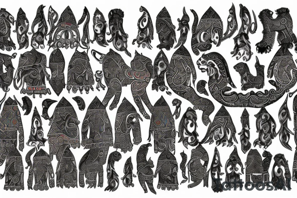 tribals with kazakh ornaments which included in animal shape, for example into lion tattoo idea