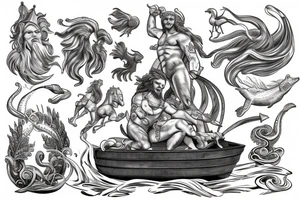 The God Poseidon floats on the waves on a wagon with three sea horses. tattoo idea