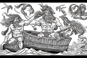 The God Poseidon floats on the waves on a wagon with three sea horses. tattoo idea