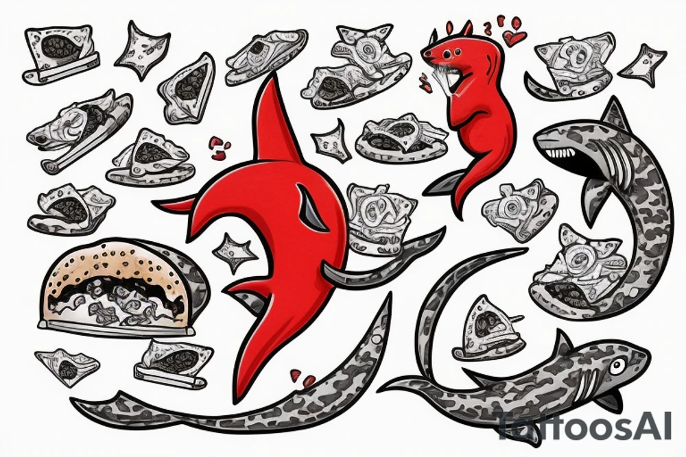 red cat riding a shark with pizza in its paws tattoo idea