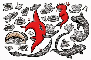 red cat riding a shark with pizza in its paws tattoo idea