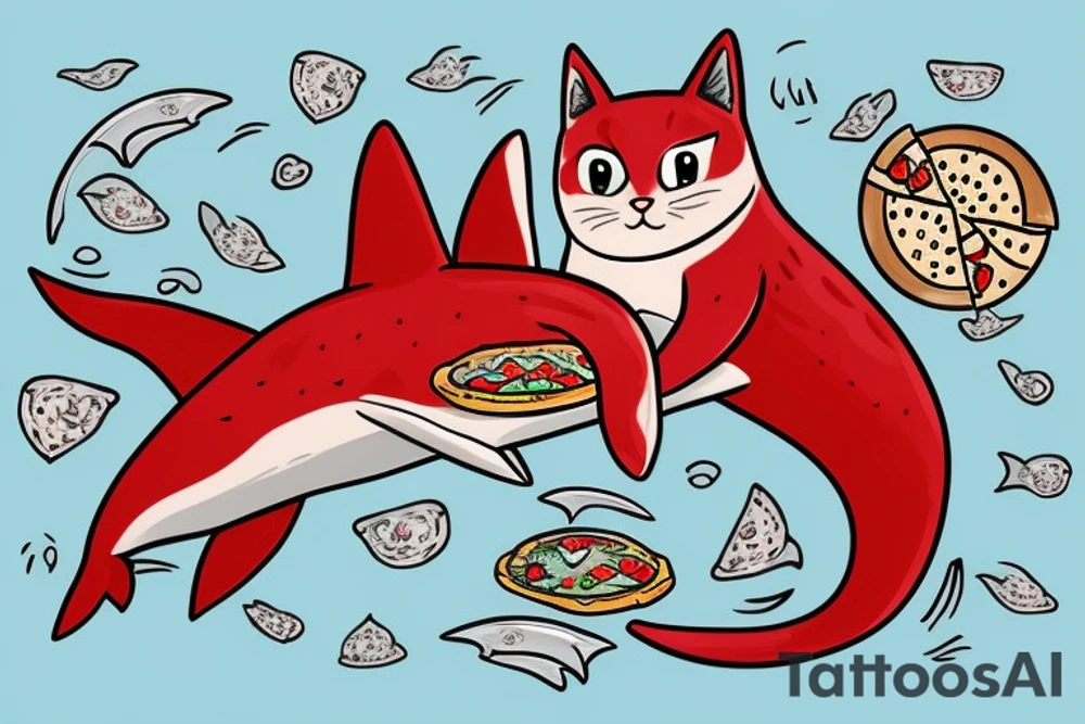 red cat riding a shark with pizza in its paws tattoo idea