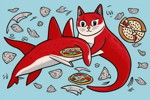 red cat riding a shark with pizza in its paws tattoo idea