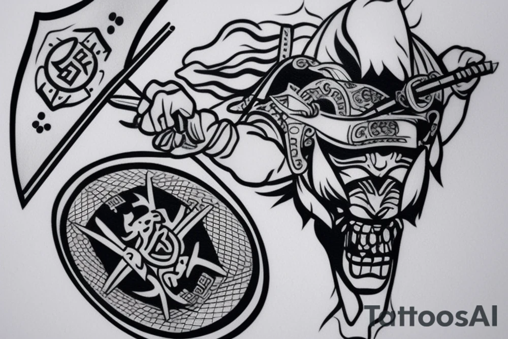 Samurai with small Hajduk Split coat of arms tattoo idea