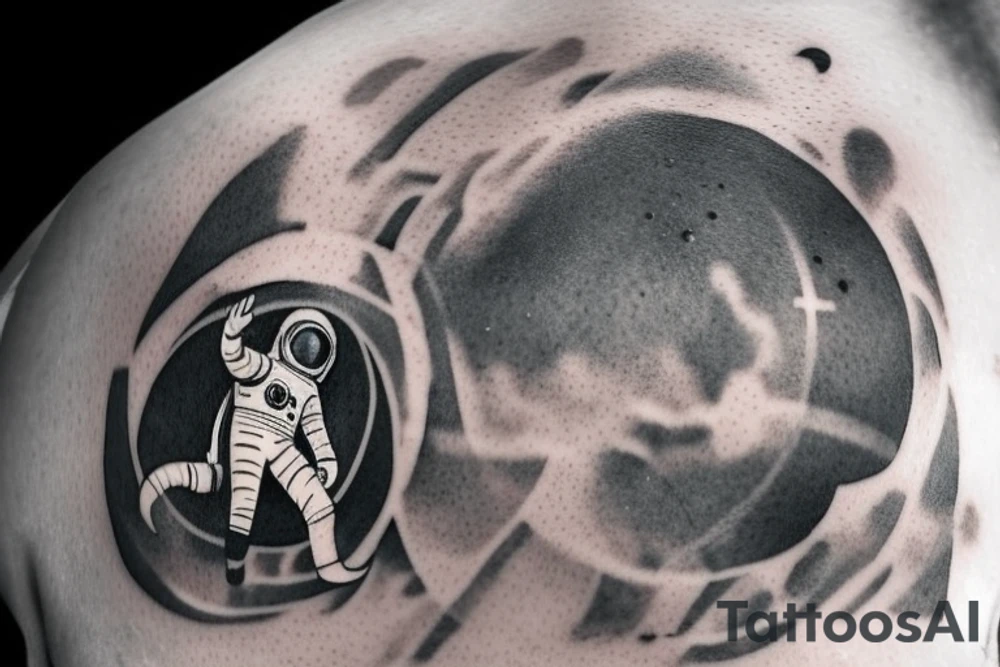 An astronaut in a spacesuit, in weightlessness, looks at planet No. 1, at the same moment from planet No. 2, a boy looks through a telescope at planet No. 1. They both have a distinctive sign in the form of the letter "A" on their backs. tattoo idea