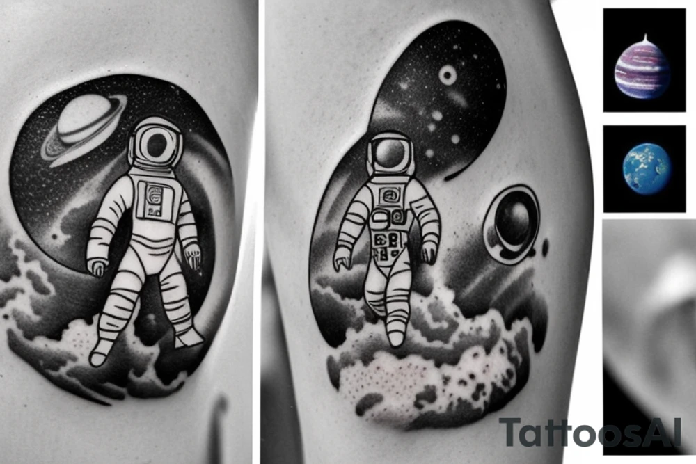 An astronaut in a spacesuit, in weightlessness, looks at planet No. 1, at the same moment from planet No. 2, a boy looks through a telescope at planet No. 1. They both have a distinctive sign in the form of the letter "A" on their backs. tattoo idea