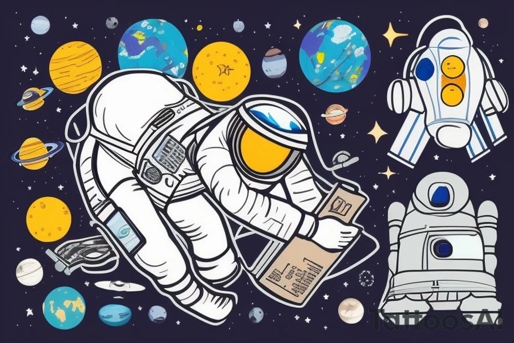 An astronaut in a spacesuit, in weightlessness, looks at the planet, on his back is a sign in the form of the letter "A" tattoo idea