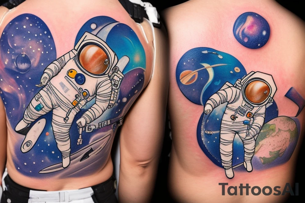 An astronaut in a spacesuit, in weightlessness, looks at the planet, on his back is a sign in the form of the letter "A" tattoo idea