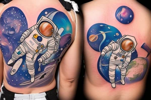 An astronaut in a spacesuit, in weightlessness, looks at the planet, on his back is a sign in the form of the letter "A" tattoo idea