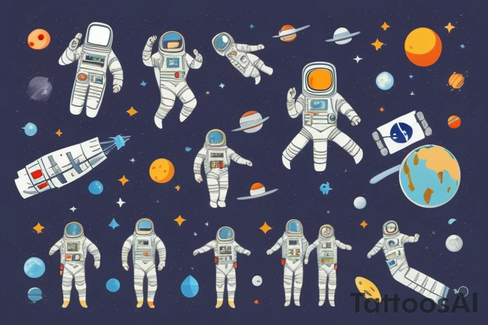 An astronaut in a spacesuit, in weightlessness with his back to the frame, looks at the planet, on his back is a sign in the form of the letter "A" tattoo idea