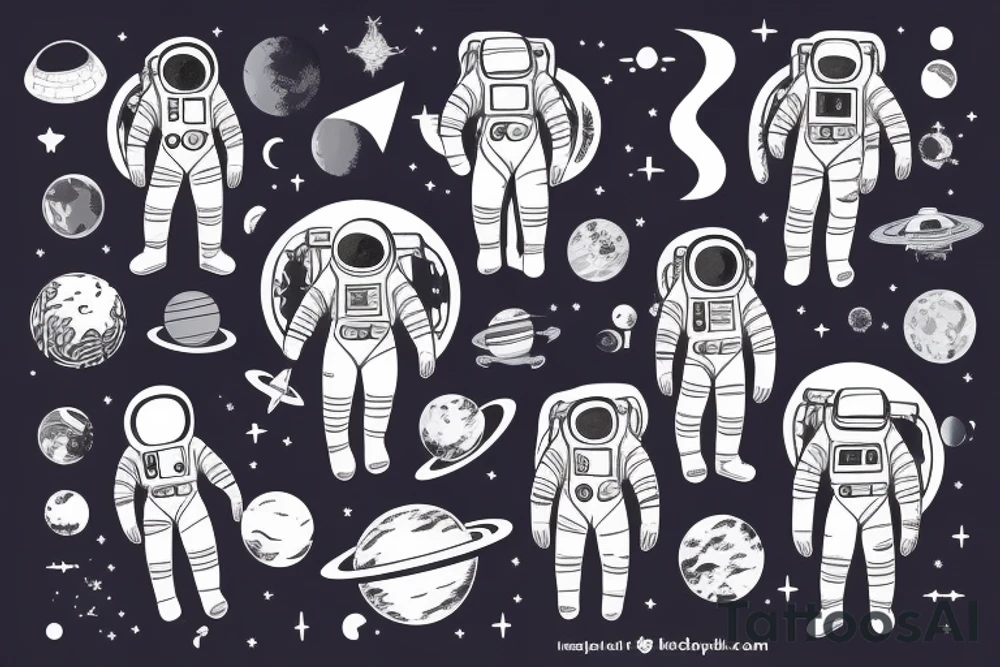 An astronaut in a spacesuit, in weightlessness with his back to the frame, looks at the planet, on his back is a sign in the form of the letter "A" tattoo idea
