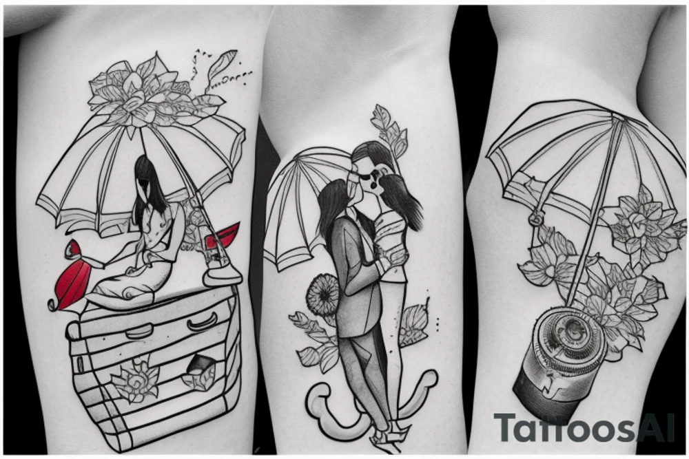 a couple under a red umbrella and a plane tattoo idea