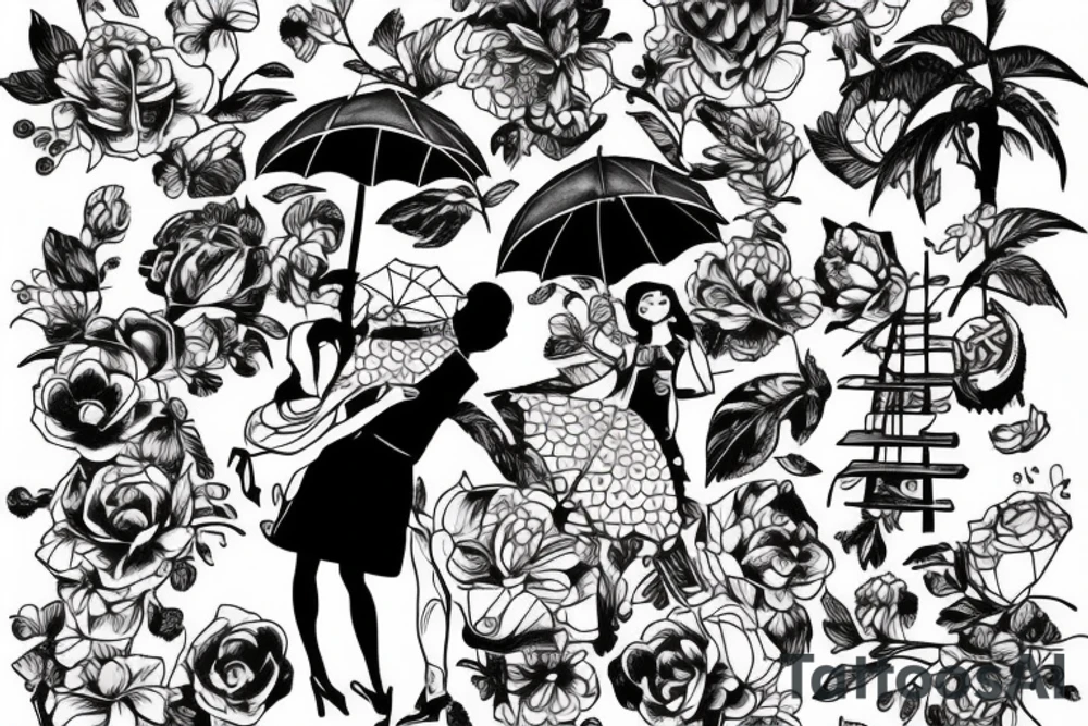 a couple under a red umbrella and a plane tattoo idea a couple under a red umbrella and a plane tattoo idea