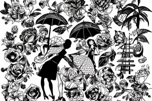 a couple under a red umbrella and a plane tattoo idea