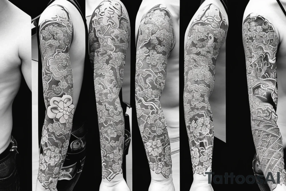 A sleeve just covering the forearm section that includes a katana, pagoda, spring blossoms in japanese style tattoo idea