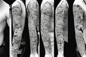 A sleeve just covering the forearm section that includes a katana, pagoda, spring blossoms in japanese style tattoo idea