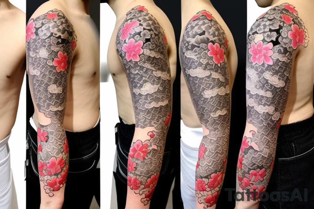 A sleeve just covering the forearm section that includes a katana, pagoda, spring blossoms in japanese style tattoo idea