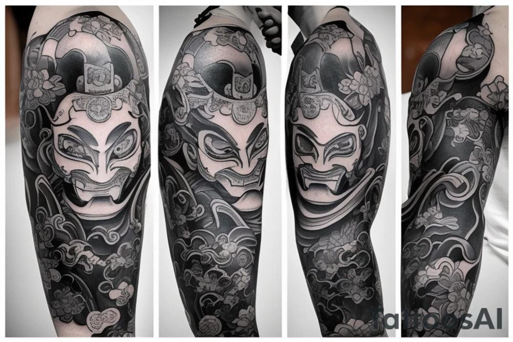 A sleeve just covering the forearm section that includes a katana, pagoda, spring blossoms and oni mask tattoo idea