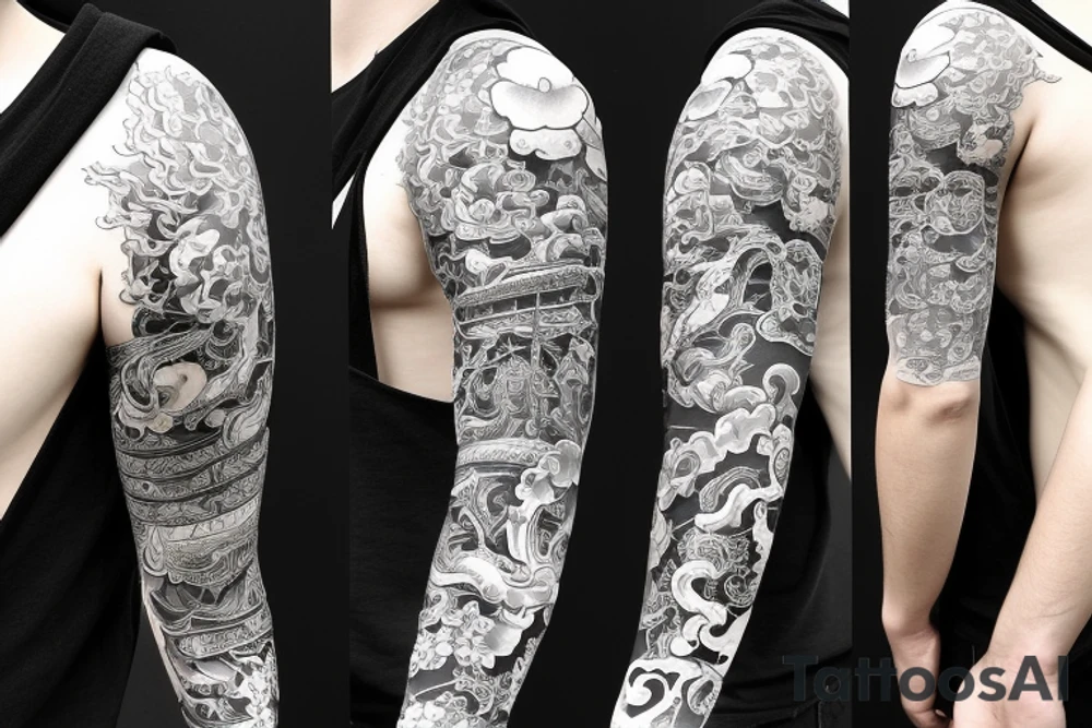 A sleeve just covering the forearm section that includes a katana, pagoda, spring blossoms and oni mask tattoo idea