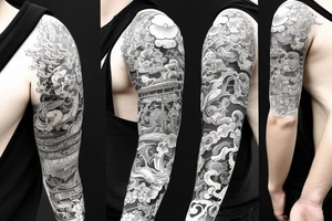 A sleeve just covering the forearm section that includes a katana, pagoda, spring blossoms and oni mask tattoo idea