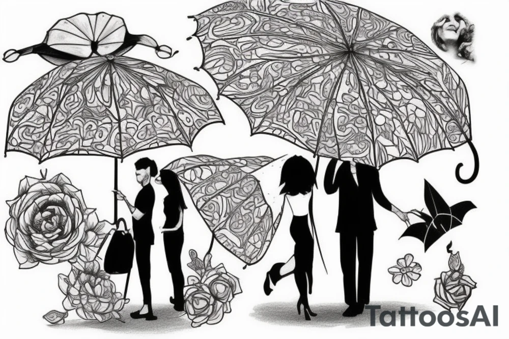 a couple under a red umbrella and a plane tattoo idea