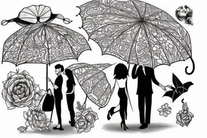 a couple under a red umbrella and a plane tattoo idea