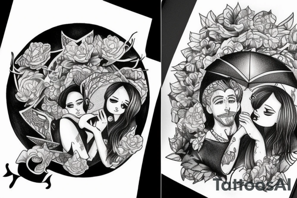 a couple under a red umbrella and a plane tattoo idea