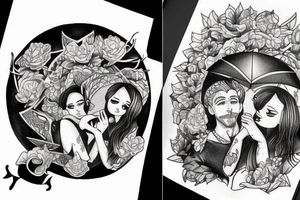 a couple under a red umbrella and a plane tattoo idea