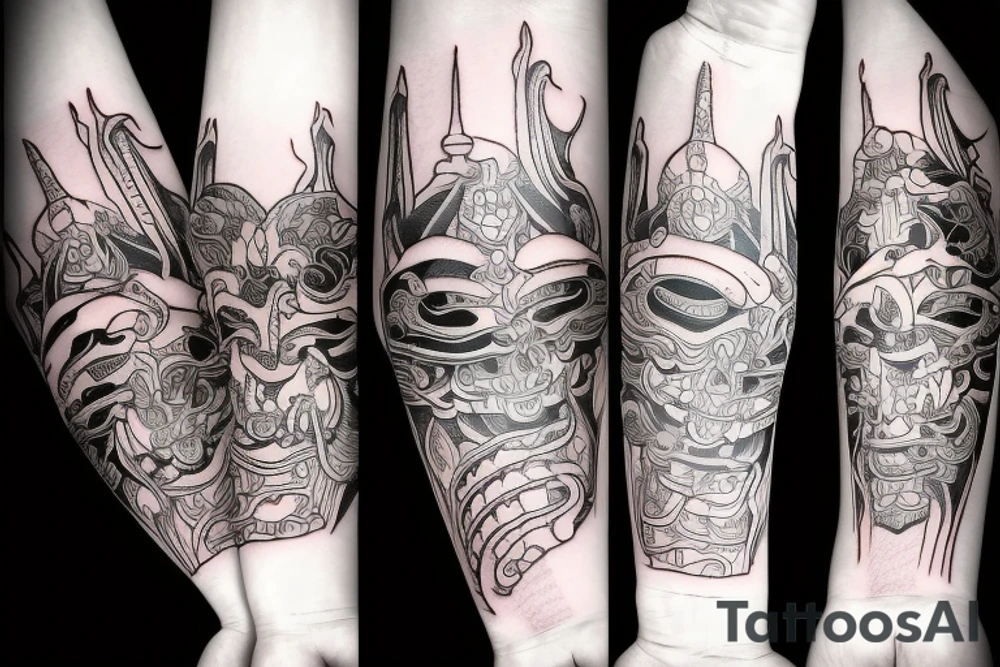 A forearm tattoo that includes a katana, pagoda, spring blossoms and oni mask tattoo idea