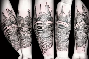 A forearm tattoo that includes a katana, pagoda, spring blossoms and oni mask tattoo idea
