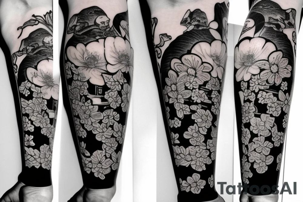 A forearm tattoo that includes a katana, pagoda, spring blossoms and oni mask tattoo idea
