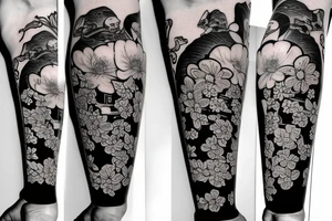 A forearm tattoo that includes a katana, pagoda, spring blossoms and oni mask tattoo idea
