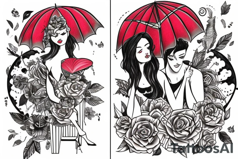 a couple under a red umbrella and a plane tattoo idea