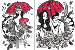 a couple under a red umbrella and a plane tattoo idea