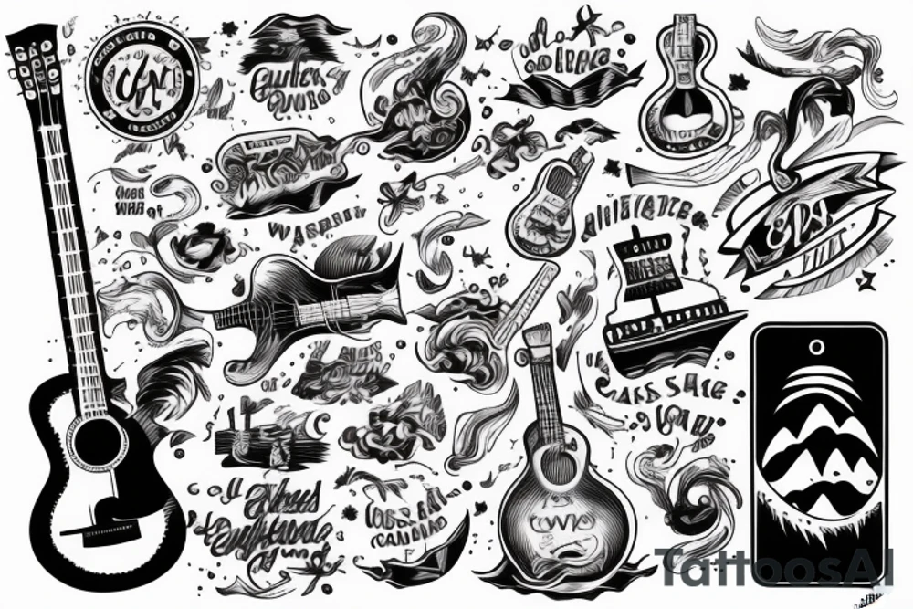 ship at sea with waves, guitar, notes tattoo idea